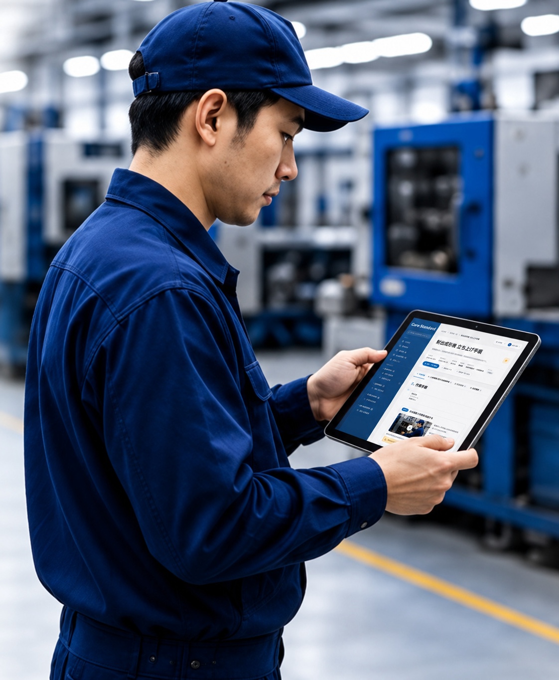 工場で作業服の社員がタブレットでCore Standardの標準書を確認している様子