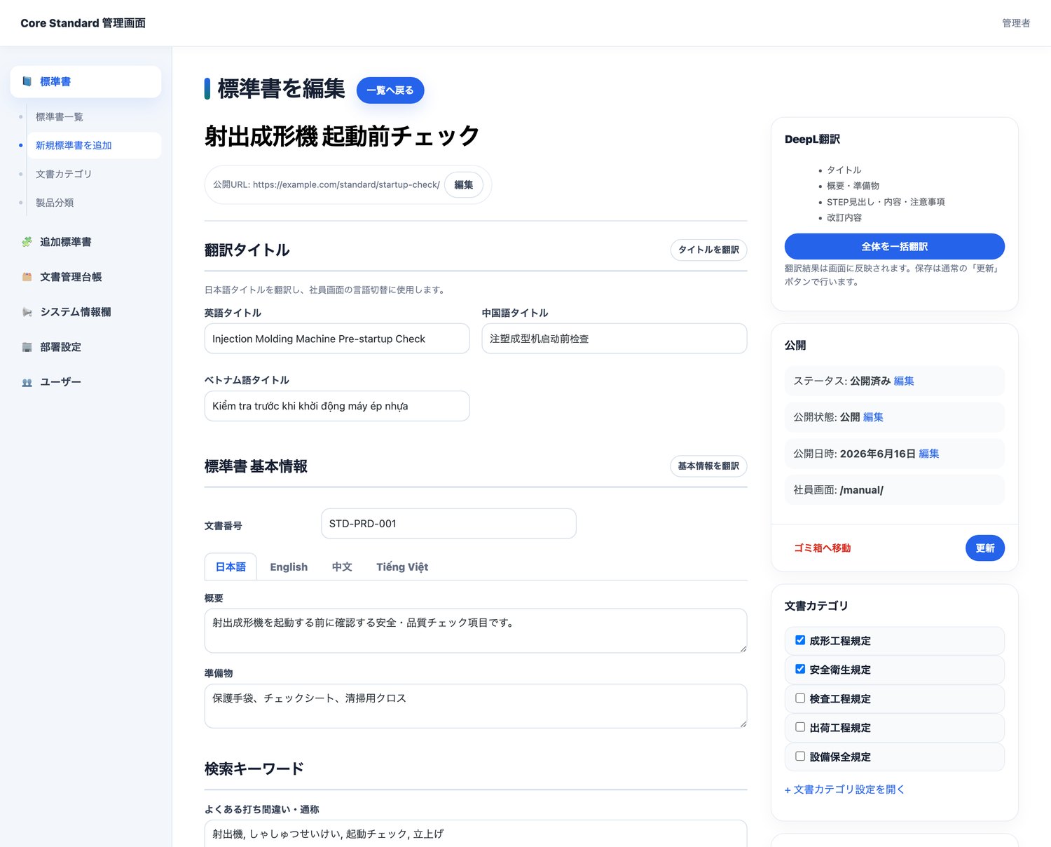 Core Standard 管理者用の標準書編集画面