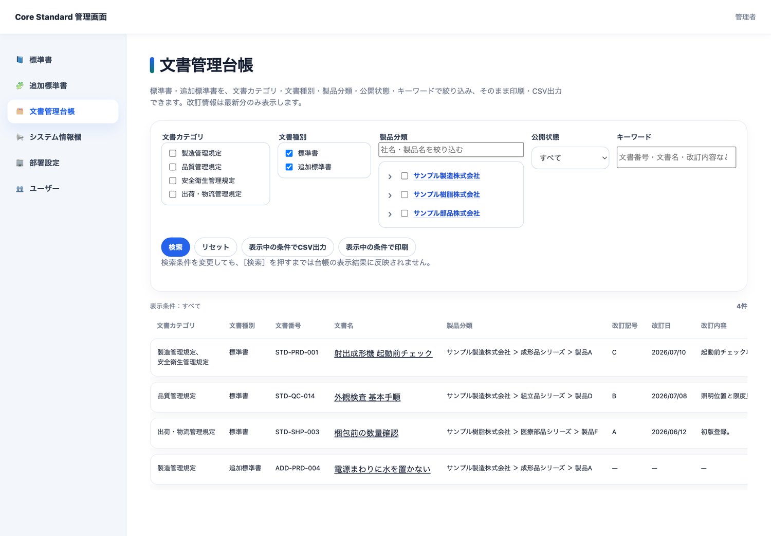 Core Standard 管理者用の文書管理台帳画面