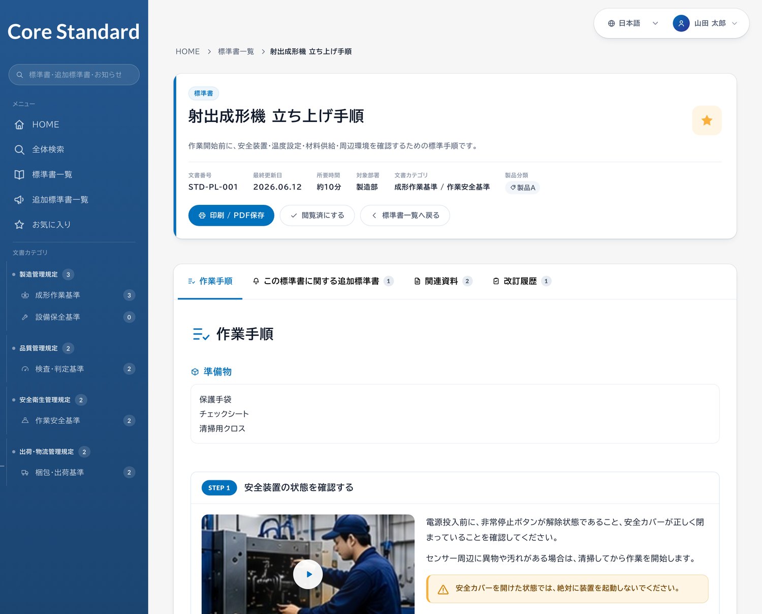 Core Standard の標準書閲覧画面。STEPごとに写真つきで手順を表示